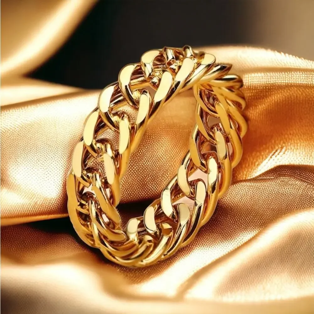 18K gold plated Cuban link chain 5mm ring jewelry size 8 B20